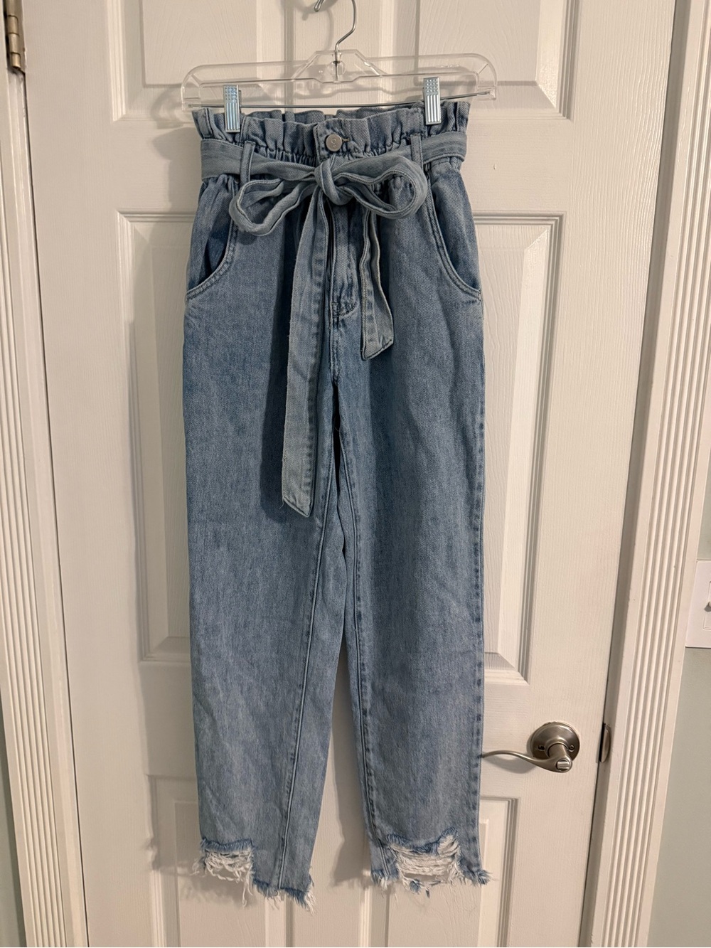 Light Wash High-Rise Paperbag Jeans with Tie Belt